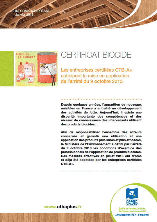 Dossier de presse sur le certificat Biocide de CTB-A+