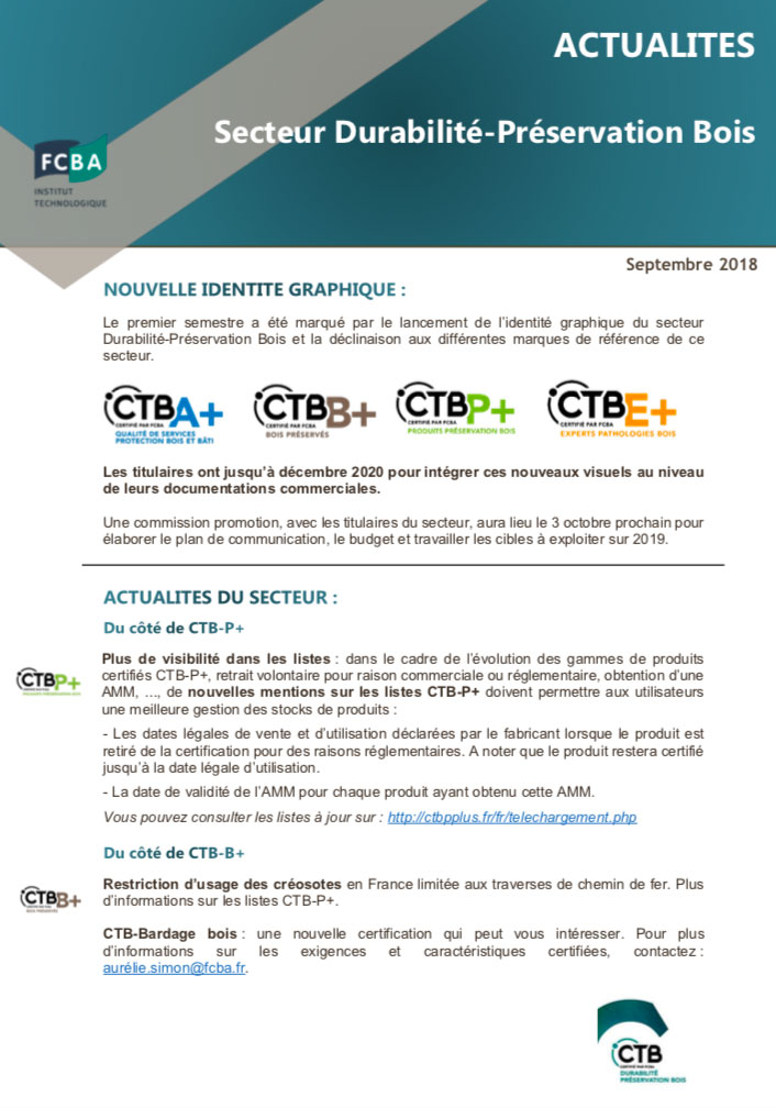 Newsletter FCBA Secteur Durabilité-Préservation Bois