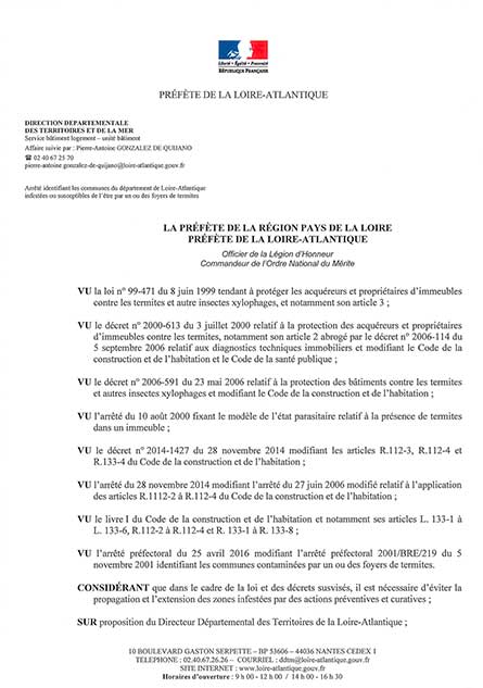 Arrêté préfectoral sur la lutte contre les termites